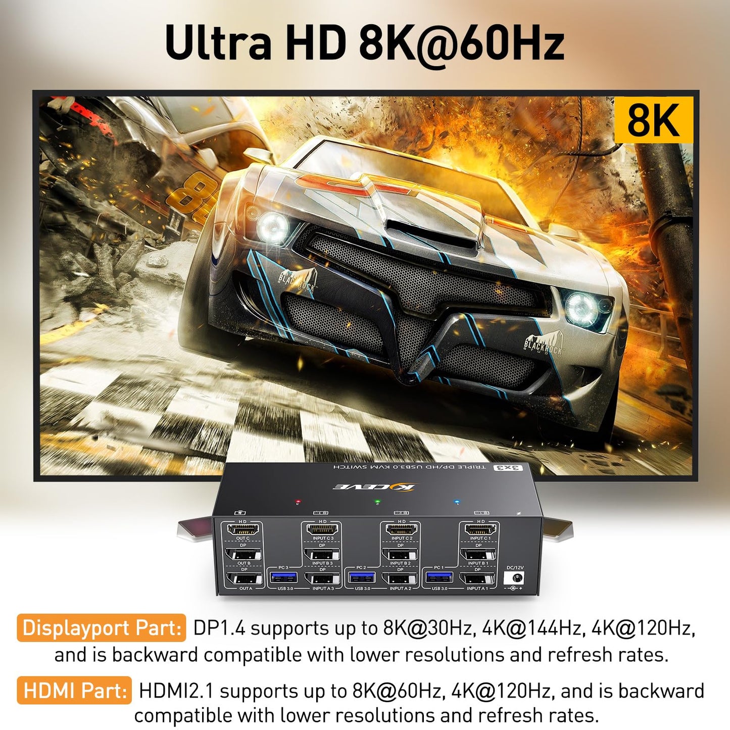 8K KVM Switch 3 Monitors 3 Computers HDMI + DisplayPort, KCEVE USB 3.0 DP KVM Switcher, 8K@30Hz/4k@144Hz Triple Monitor DP KVM for 3 PC Share 3 Display and 4 USB 3.0 Devices