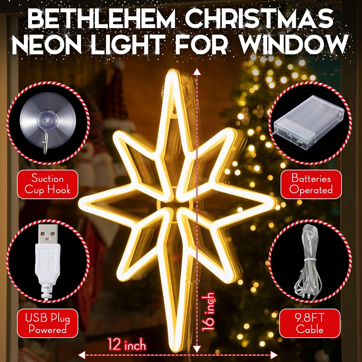 Enhon 1 Pack 16 Inch Bethlehem Star Window  Christmas Star  Nativity Lighted Outdoor  Usb Powered Or Battery Operated Bethlehem Christmas Neon Light For Window Bedroom Indoor Decor (Warm White)