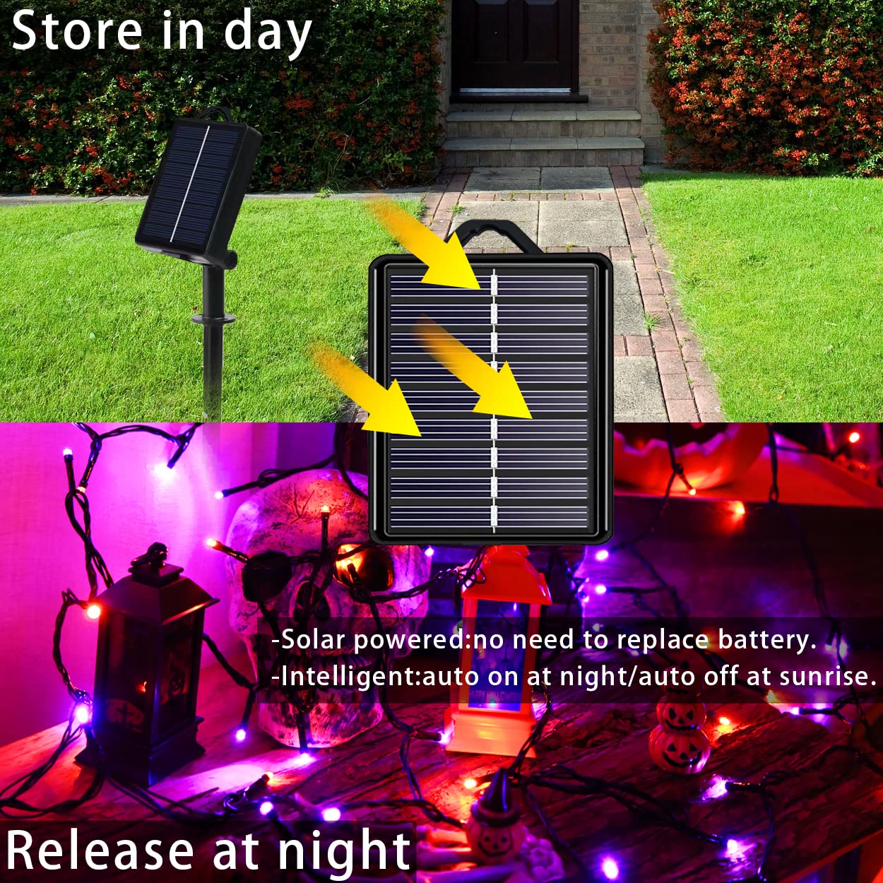 YAOZHOU Solar Halloween String Lights, 144ft LED, 400 Orange & Purple Lights, 8 Modes, IP44 Waterproof, Outdoor Decor