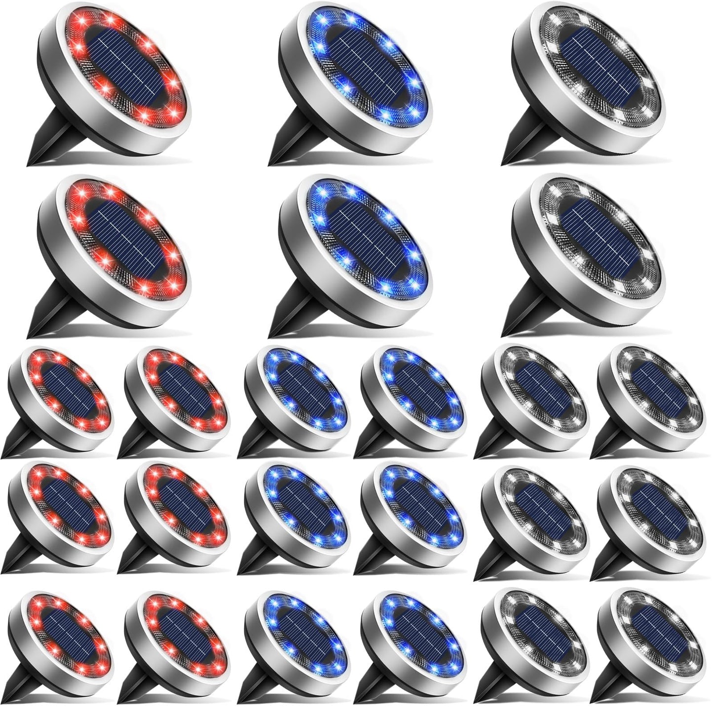 btfarm Solar Ground Lights, 24 Pack, 8 LED, IP65 Waterproof, Plastic, Red+Blue+Cool White, Model DC-CD915