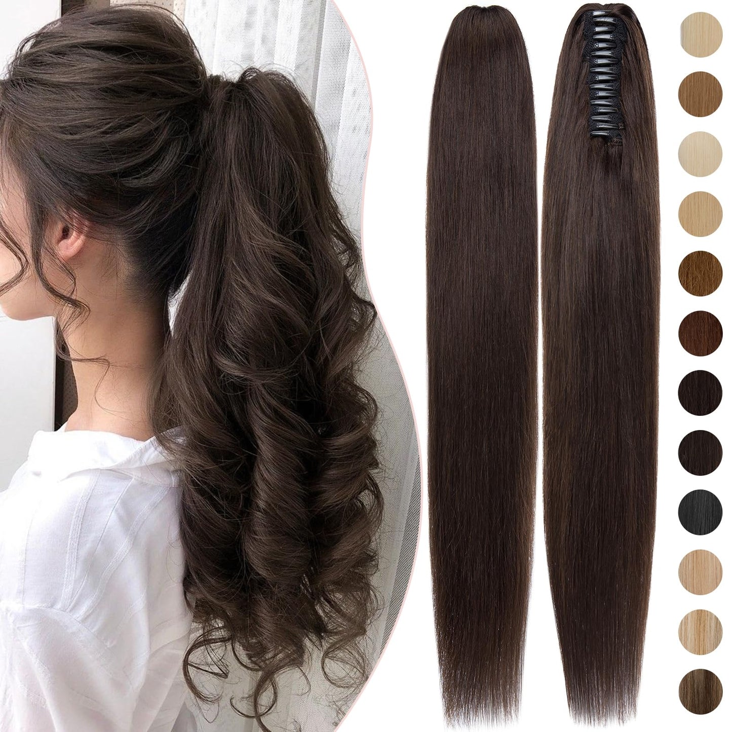 Rich Choices Claw Clip Ponytail Extension Human Hair Real Hair Ponytail Extension Balayage Dark Brown 16 Inch 105g One Piece Cli