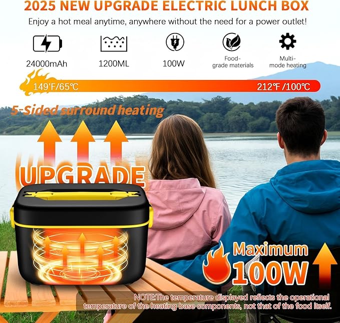 Cordless Electric Lunch Box,24000mAh Heated Lunch Box Battery Powered with Automatic Heating, 5Cups Portable Food Warmer,Multi-Mode Automatic Heating with an Insulated Bag and Utensils (Black)