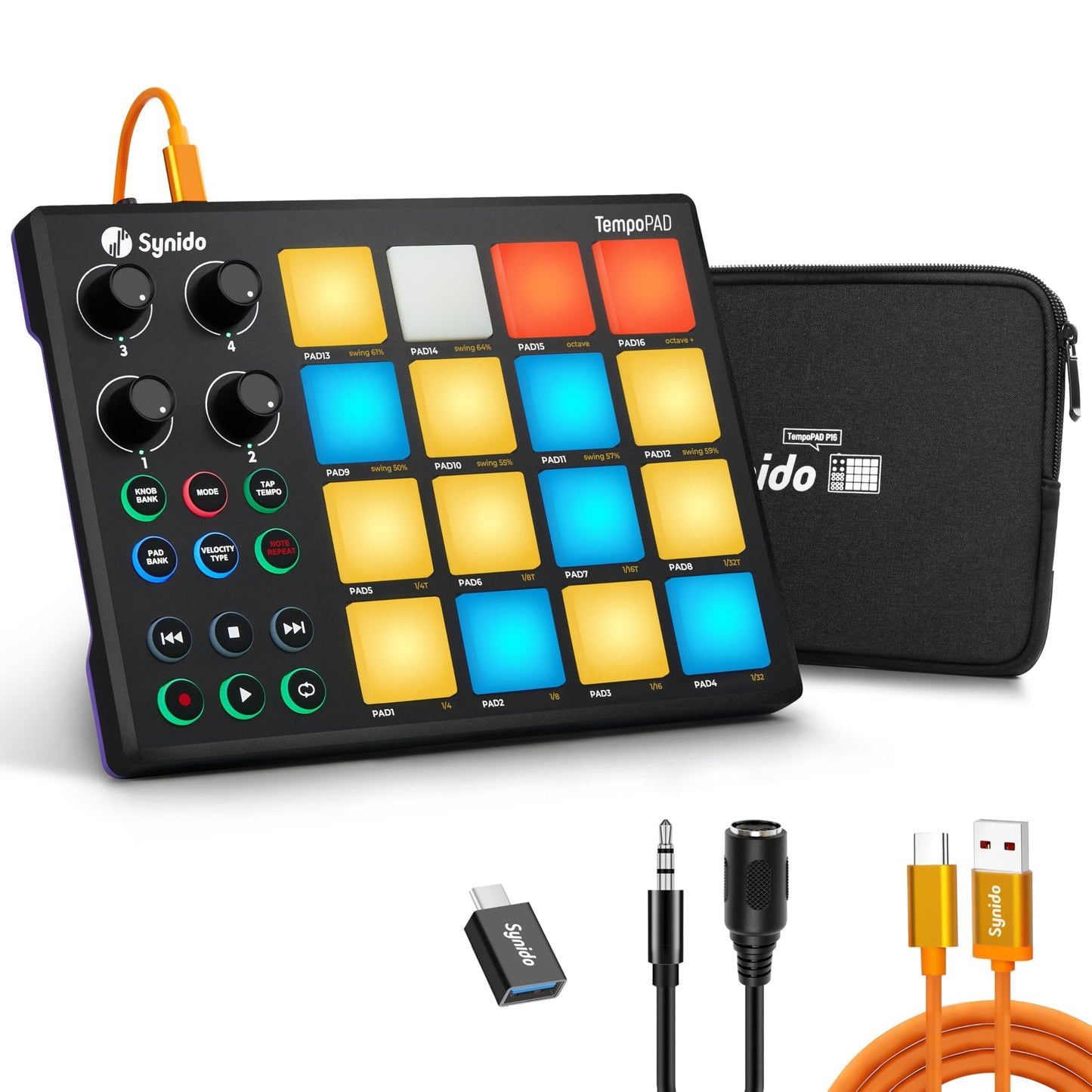 Synido TempoPAD Midi Controller Beat Maker Machine for Music Production, Portable USB MIDI Beat Pad Controller for Beginners wit