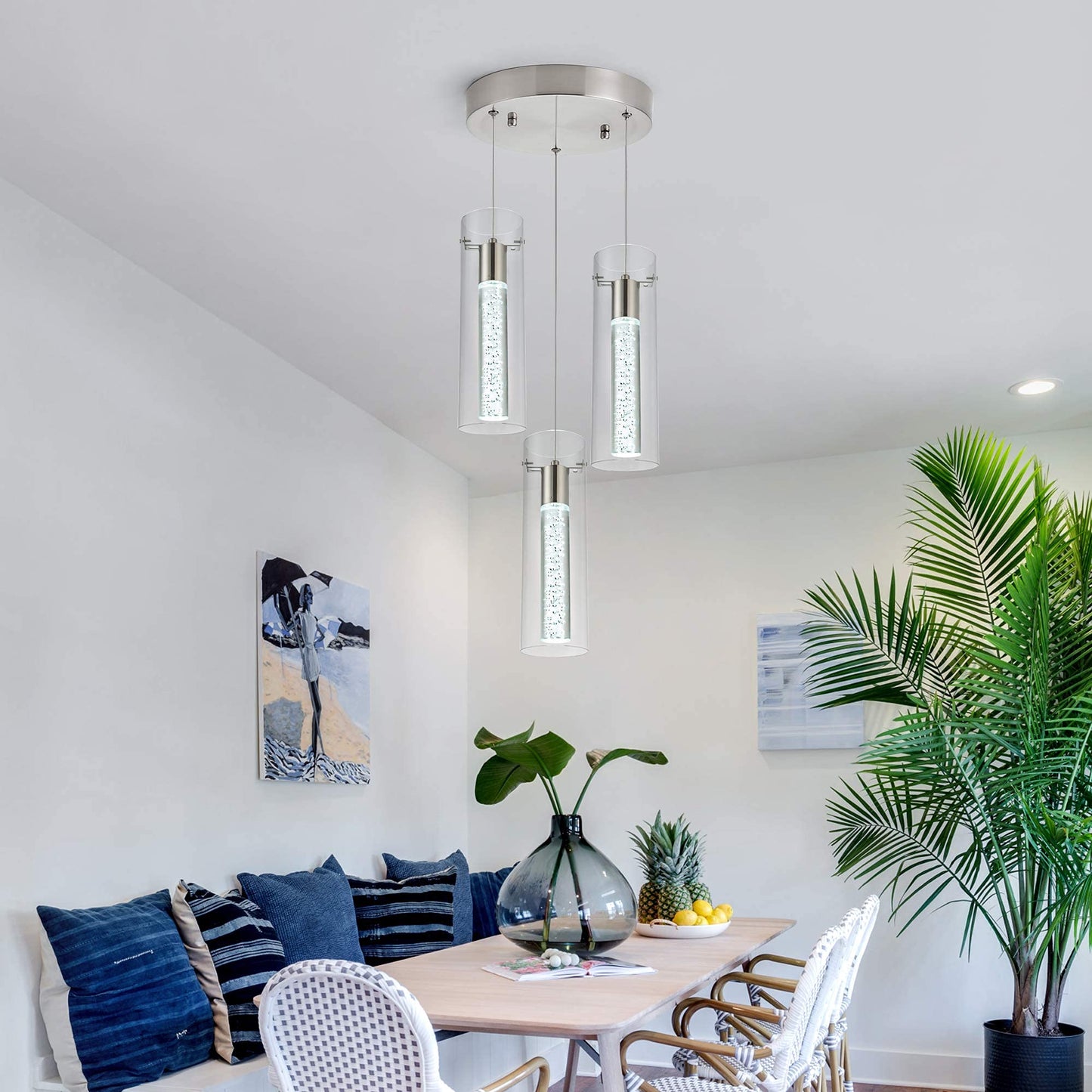 Votag Kitchen Lighting Pendant Fixtures 3-Light Led Pendant Ceiling Fixture Brushed Nickel Bubble Cylinder Pendant Light With Adjustable Length For Kitchen Island Dinning Room Bedroom