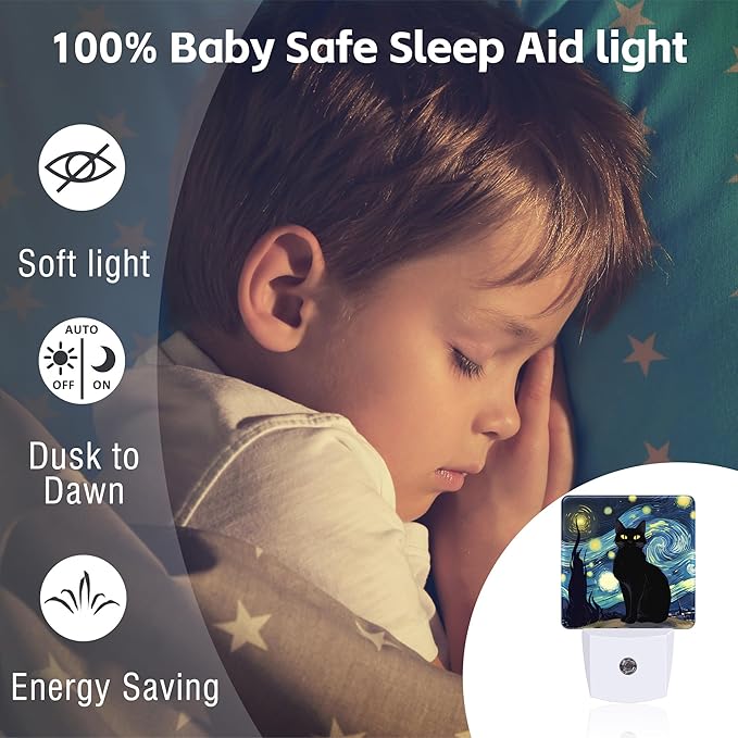 Starry Night Black Cat Night Light Plug into Wall, Abstract Oil Painting Dusk to Dawn Night Light Plug in,0.5w Energy Saving Sleep Friendly NightLight for Kids Boys Girls Home Decor