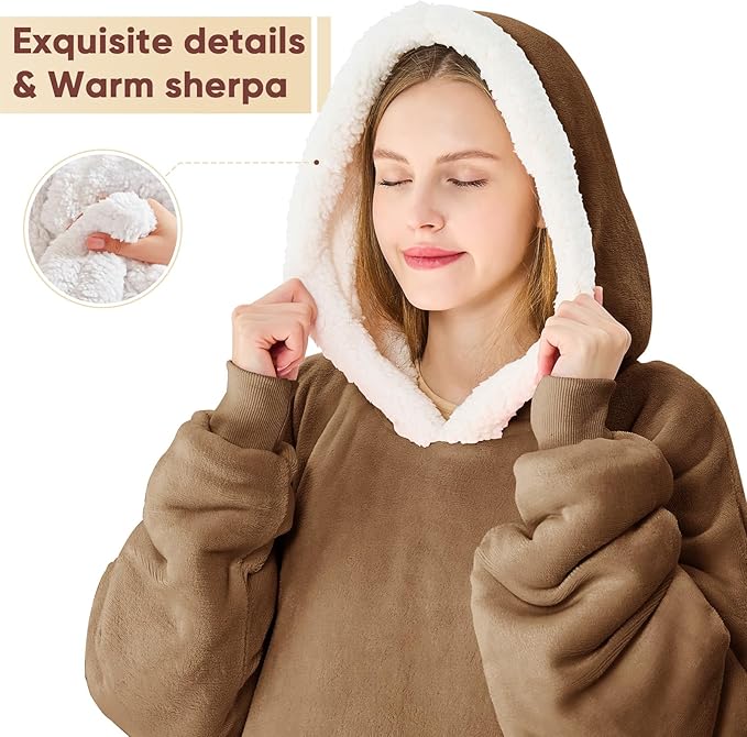 yescool Wearable Blanket Hoodie, Flannel Sherpa Fleece Blanket Sweatshirt for Adults Women Men,One Size Fits All