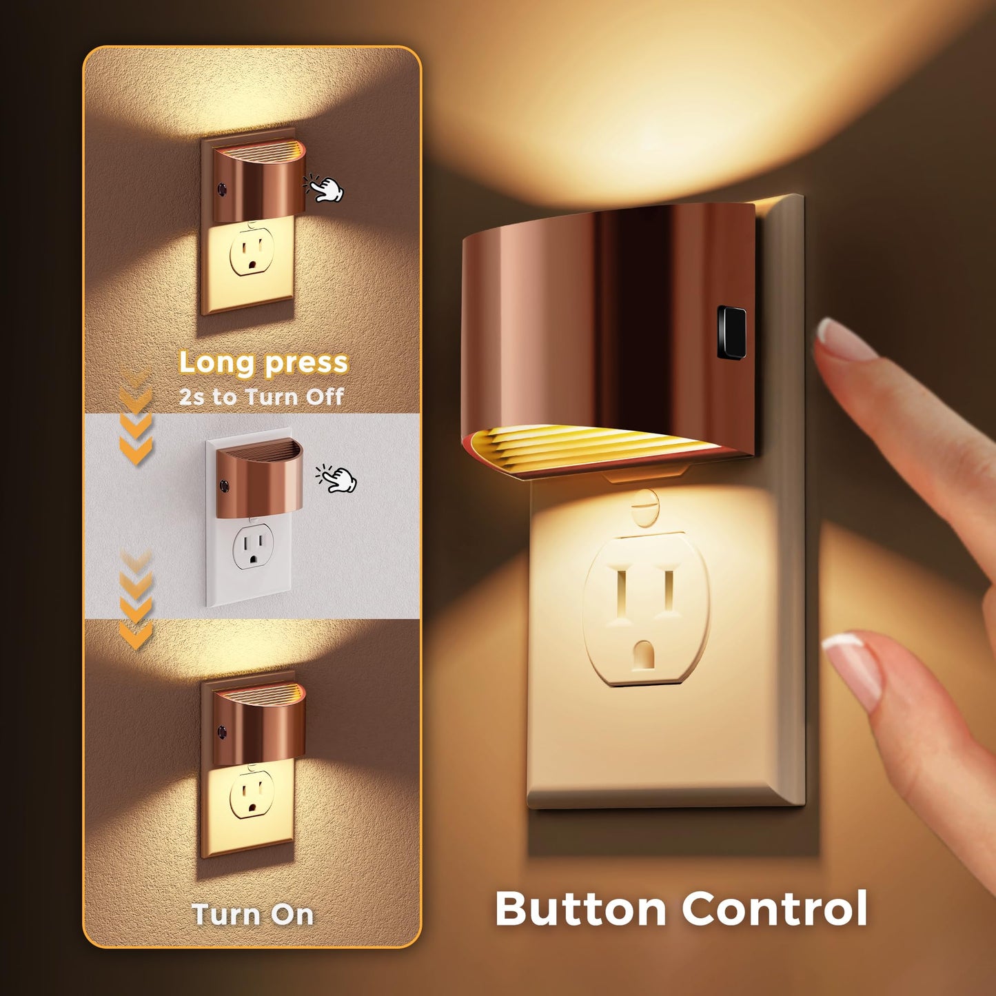 L LOHAS LED Night Lights, Dimmable 3-Level Brightness, 3000K Soft White, 2 Pack, Rose Gold, Model GY10702RGUS-2