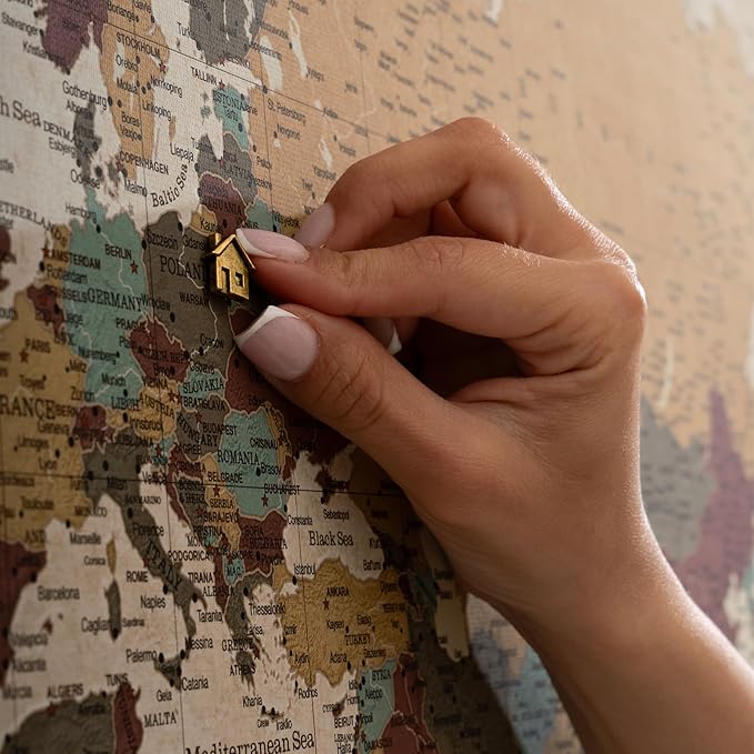 Canvas World Map with Cork Pin Board - English Lettering - Decorative Wall Decoration for All Rooms - Canvas Pictures with World Map Motif (70x50 cm, Pattern 12)