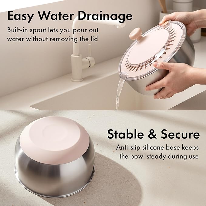 Salad Spinner Stainless Steel 5.3Qt | Lettuce Spinner BPA-Free with Stop Button, Drain Spout & Crank Handle | Fruit Cleaner | Vegetable Washer Salad Cleaner, Non-Slip Base Dishwasher Safe