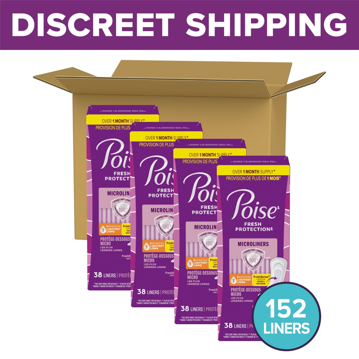 Poise Daily Microliners, Incontinence Panty Liners for Bladder Leaks, 1 Drop Lightest Absorbency, Long Length, 152 Count of Pantiliners (4 Packs of 38)
