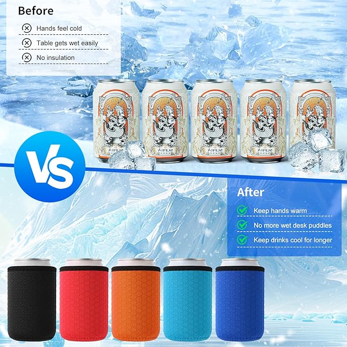 5 Pcs Insulated Can Sleeve, Reusable Can Cooler Sleeves, Non-slip Neoprene Beer Bottle Cover Holder for 12oz Standard Can Soda and Beer (Hexagon pattern)