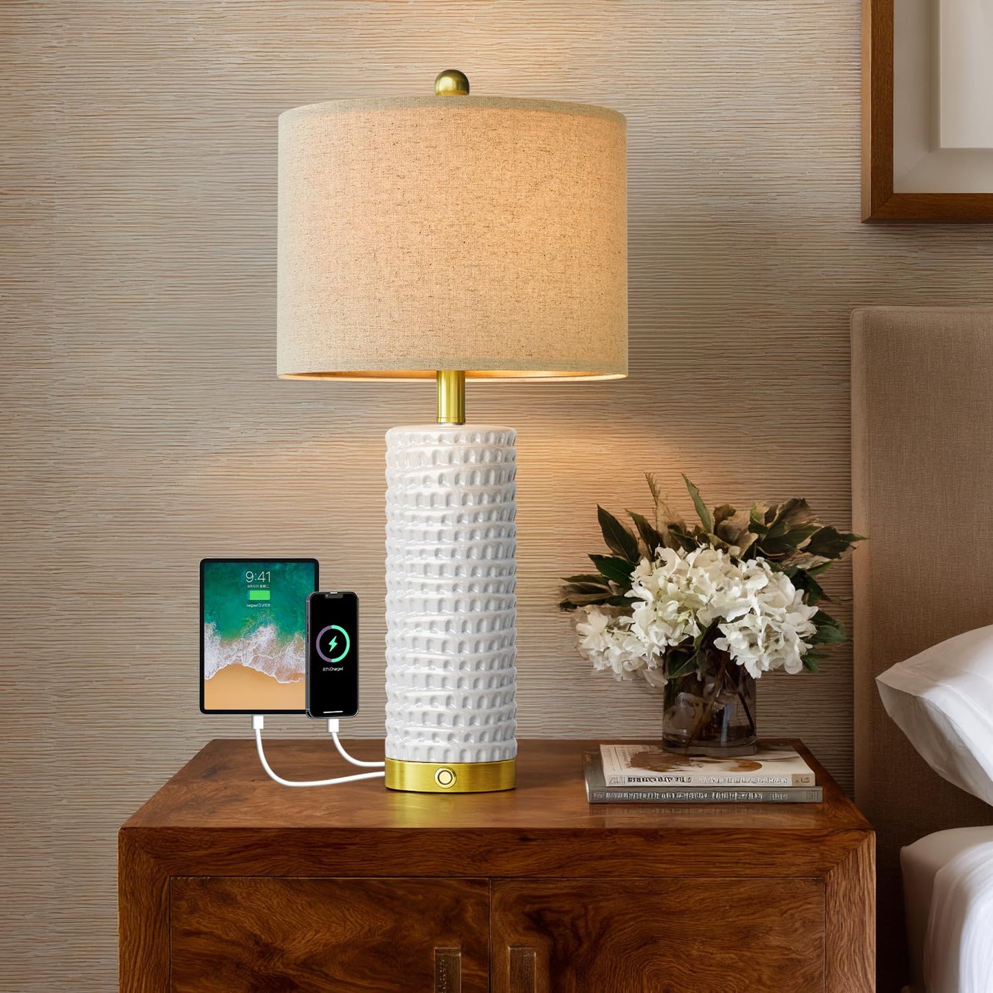 PORTRES Modern Ceramic Table Lamp Set of 2, 3-Way Dimmable, USB Charging Ports, Large, White and Gold