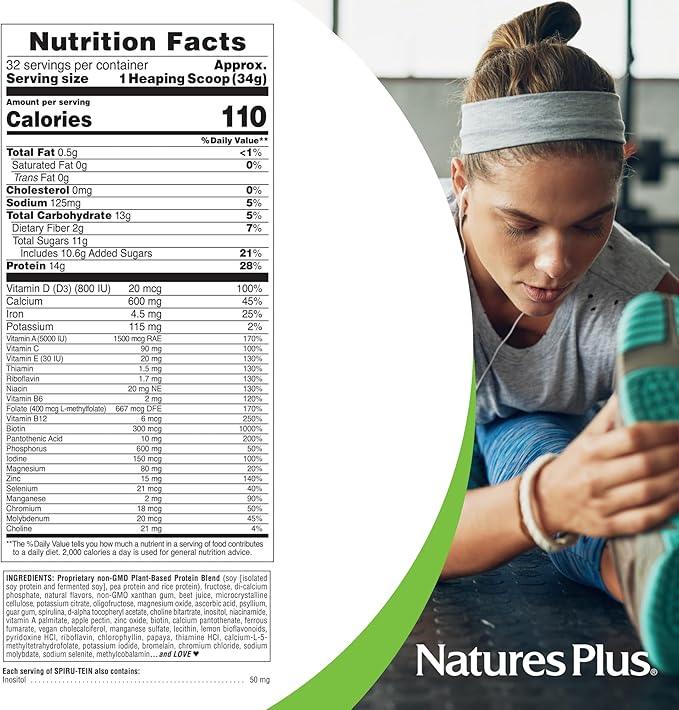 Natures Plus SPIRU-TEIN, Strawberry - 2.4 lb - Plant-Based Protein Shake - Non-GMO, Vegetarian, Gluten Free - 32 Servings