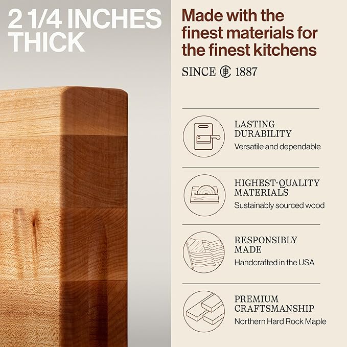 John Boos RA-Board Series Rectangular Wooden Maple Cutting Board 18”x12” – 2.25” Thick, 13-lb Reversible Butcher Block with Edge-Grain & Finger Grips – Made in the USA