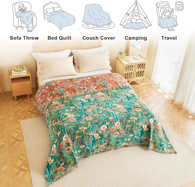 MSGKV Boho Throw Blanket 60"x80" Floral Blankets for Bed 100% Cotton Twin Size Couch Blanket Lightweight Farmhouse Muslin Breathable Home Decor All Seasons