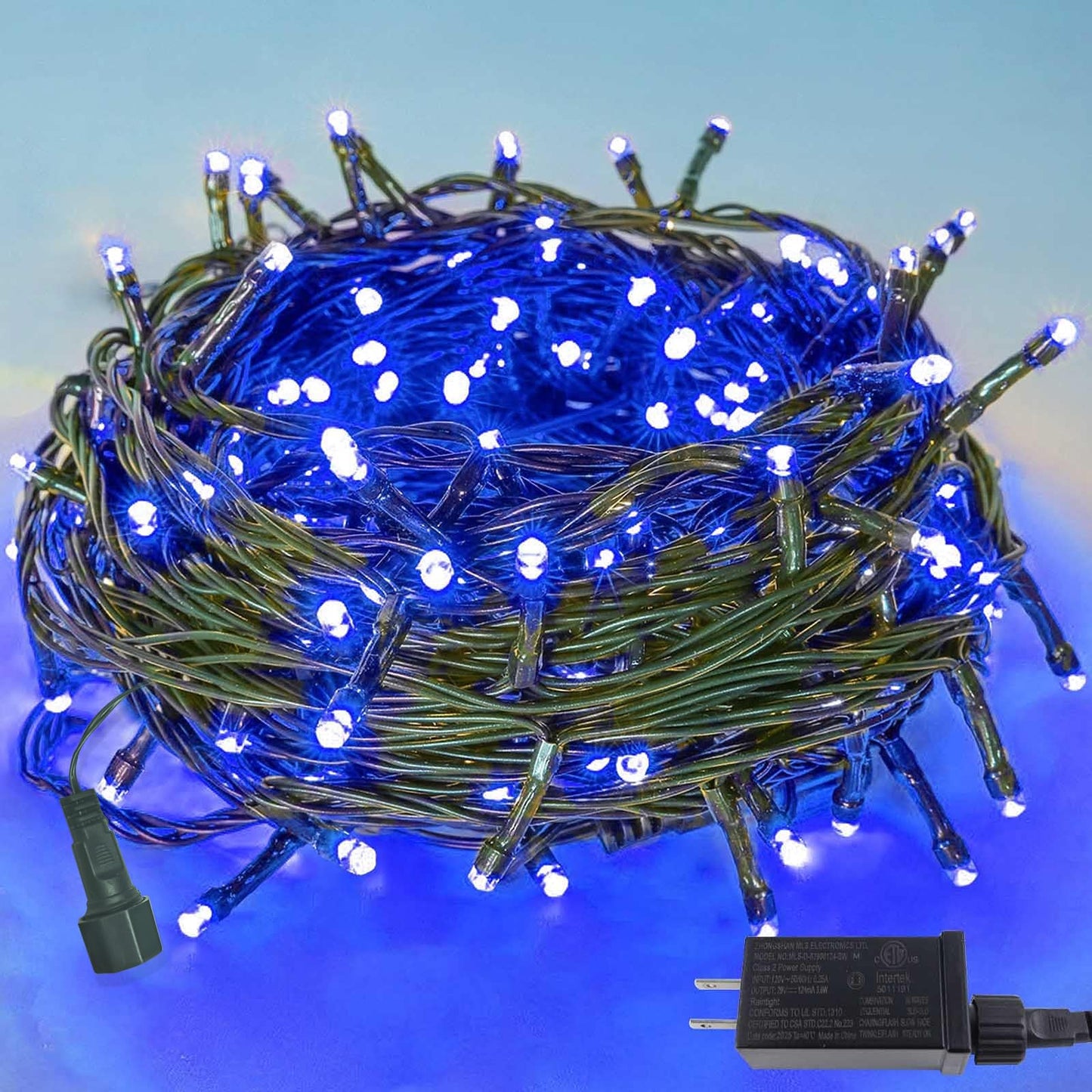 YIQU 200 LED Christmas String Lights, Blue, Indoor/Outdoor, 8 Modes, Model MLS-D29V6WUC-O