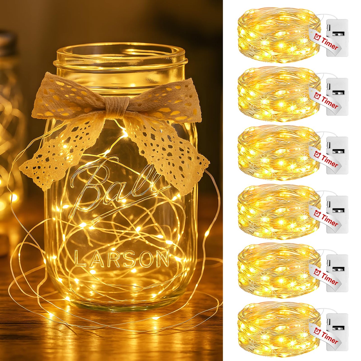 Litogo 6 Pack Fairy Lights, 20 Led Warm White Twinkle Light, 7Ft Waterproof Silver Wire, Battery Operated With Timer For Decor