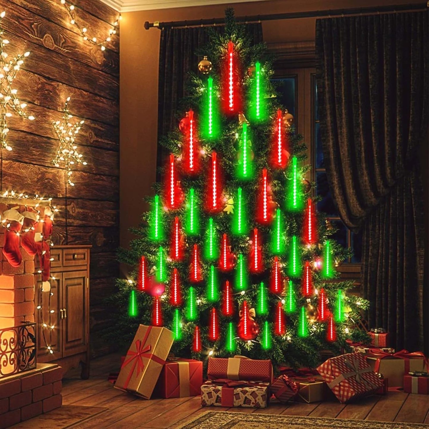 Solar Meteor Shower Lights Outdoor Decorations  Waterproof Christmas Lights Solar Powered  16 Tubes 384Led Rain Drop Light  Snow Cascading String Light For Xmas Tree Party Garden Decor(Red And Green)