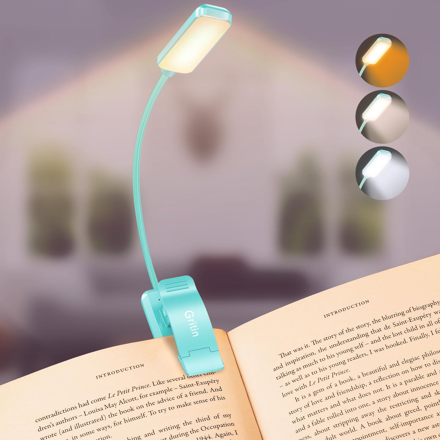 Gritin Rechargeable Book Light - 9 LED, Eye Caring, 3 Color Temperatures, Stepless Dimming, Clip-On, Blue, Model G1330