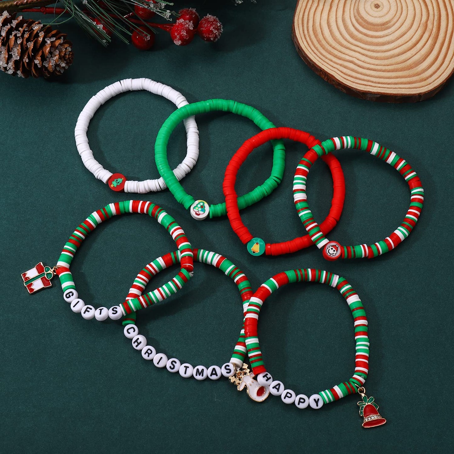 FAERLIIRY Christmas Bracelets for Women Preppy Heishi Bracelets Stackable Polymer Clay Disc Beaded Stretch Bracelets Xmas Party