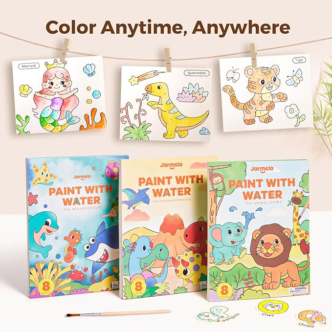 Paint with Water Books for Toddlers, Mess Free Watercolor Painting Activity for Kids Ages 1-3, 2-4, 4-6, Art Craft Coloring Gift with Brush, Airplane Travel Activities for Toddlers, Ocean Animals