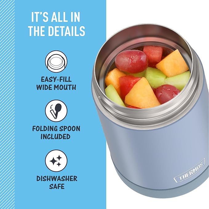 THERMOS FUNTAINER Insulated Food Jar, 16 Ounce, Kid Friendly Food Jar with Foldable Spoon, Denim Blue