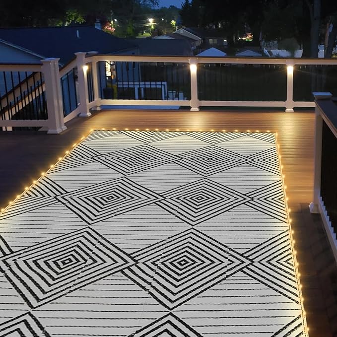 6x9ft Waterproof Outdoor Rug with LED Lights, Foldable Reversible Plastic Straw Mat for Patio RV Camping Picnic Balcony Beach Deck Indoor Outdoor Carpet, Black&White