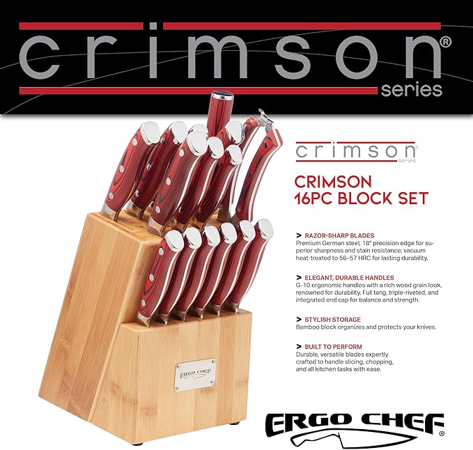 Ergo Chef Crimson Series Bamboo Block knife Set Forged High Carbon X50CrMoV15 German Stainless-Steel, Full Tang, G10 Handles (16pc. Block Set)