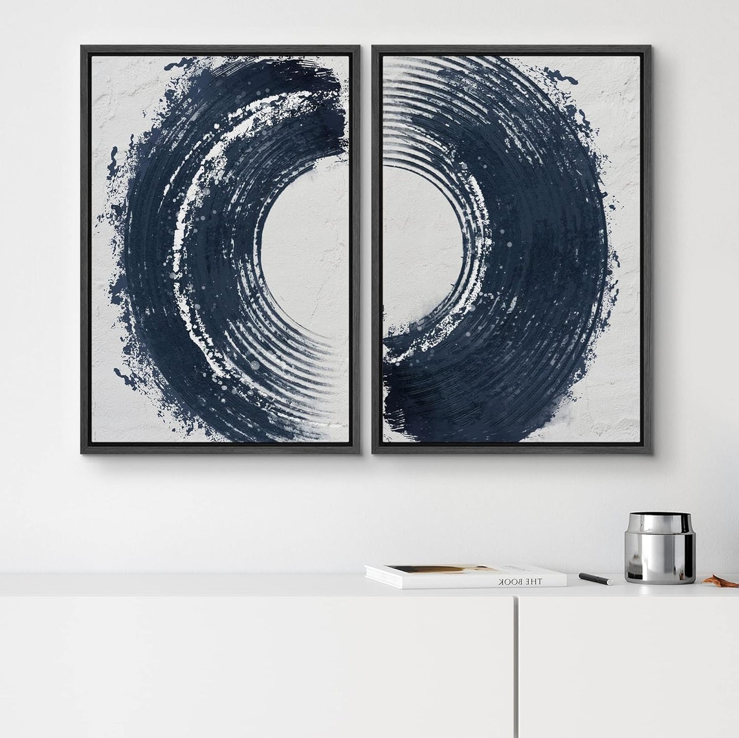 SIGNWIN Framed Canvas Print Wall Art Set Black Gray Pastel Paint Stroke Spiral Ring Abstract Shapes Illustrations Modern Minimal Decorative for Living Room, Bedroom, Office - 16"x24"x2 Black