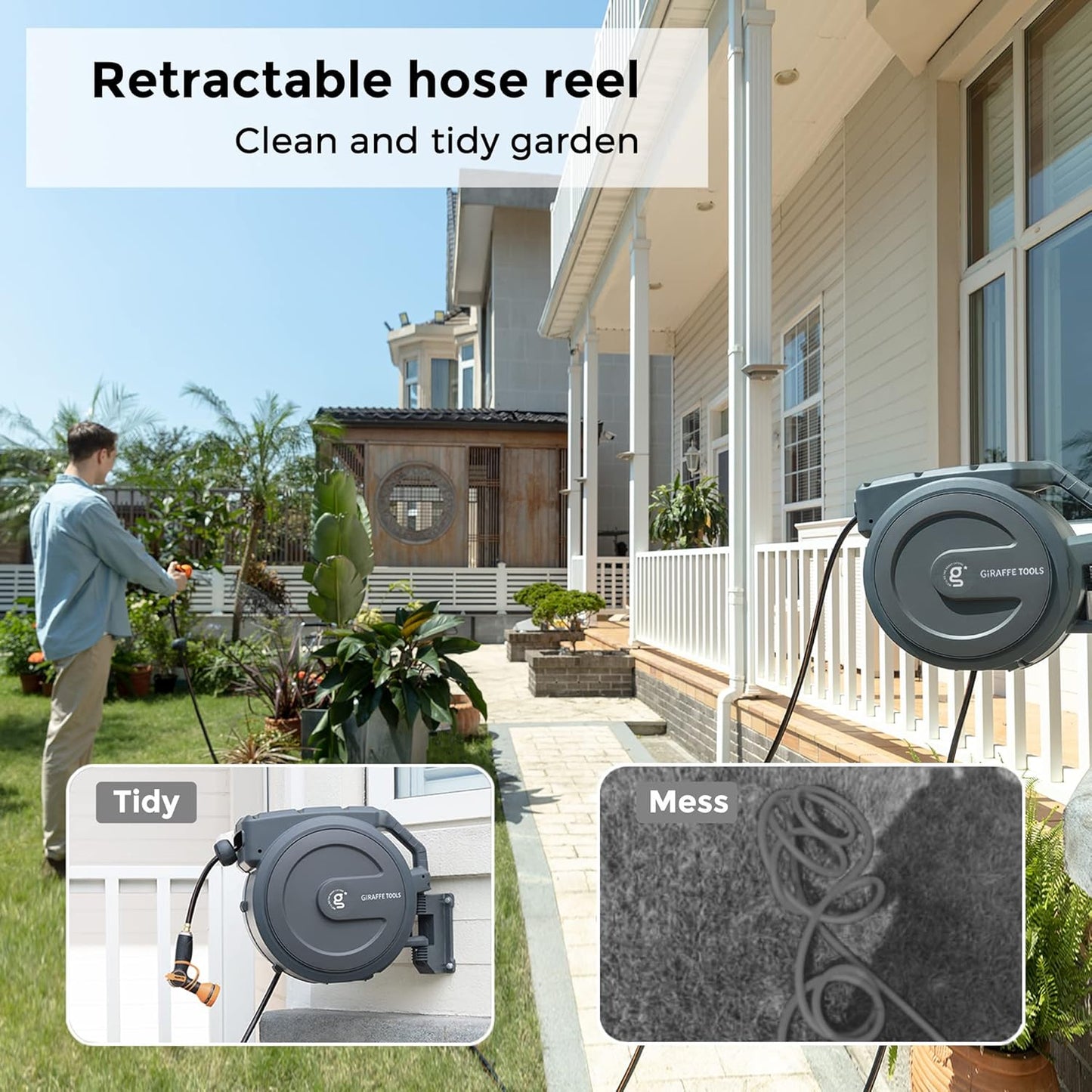 Giraffe Tools Metal Retractable Hose Reel 130 FT Wall Mounted Heavy Duty Hose Reel with 9 Pattern Nozzle 180 Deg Swivel, Metal Bracket Any Length Lock (1/2 130FT PRO, Dark Grey)
