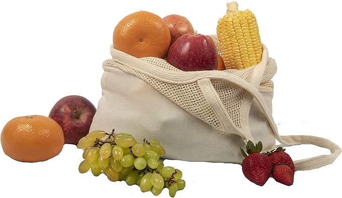 Reusable Mesh Grocery Shopping Bags - Organic Cotton Mesh Tote Bags - Net Farmers Market Bags with Reinforced Bottom - Mesh Mushroom Foraging Tote Bags - Portable Cotton French Market Tote (3 Bags)