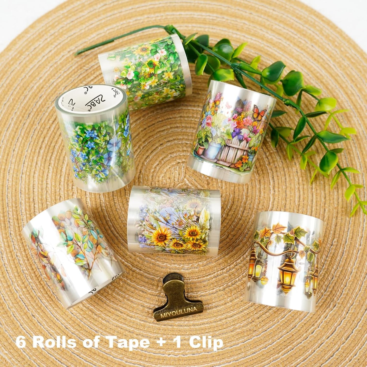 Deep Lane in Bloom PET Pre-Cut Floral Tape Set - 6 Rolls Transparent Garden Sticker Strips + 1 Clip for Scrapbook Journals Junk Journal Collage DIY Décor