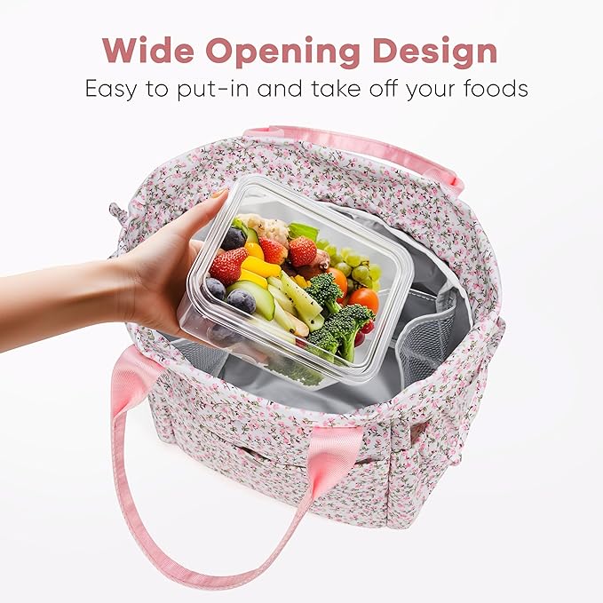 Yarnic Lunch Bag Women Insulated Lunch Bags,Cute Floral Reusable Lunch Box Stain-Resistant Lunchbox with Water Bottle Holder for Adult (Pink Flower)