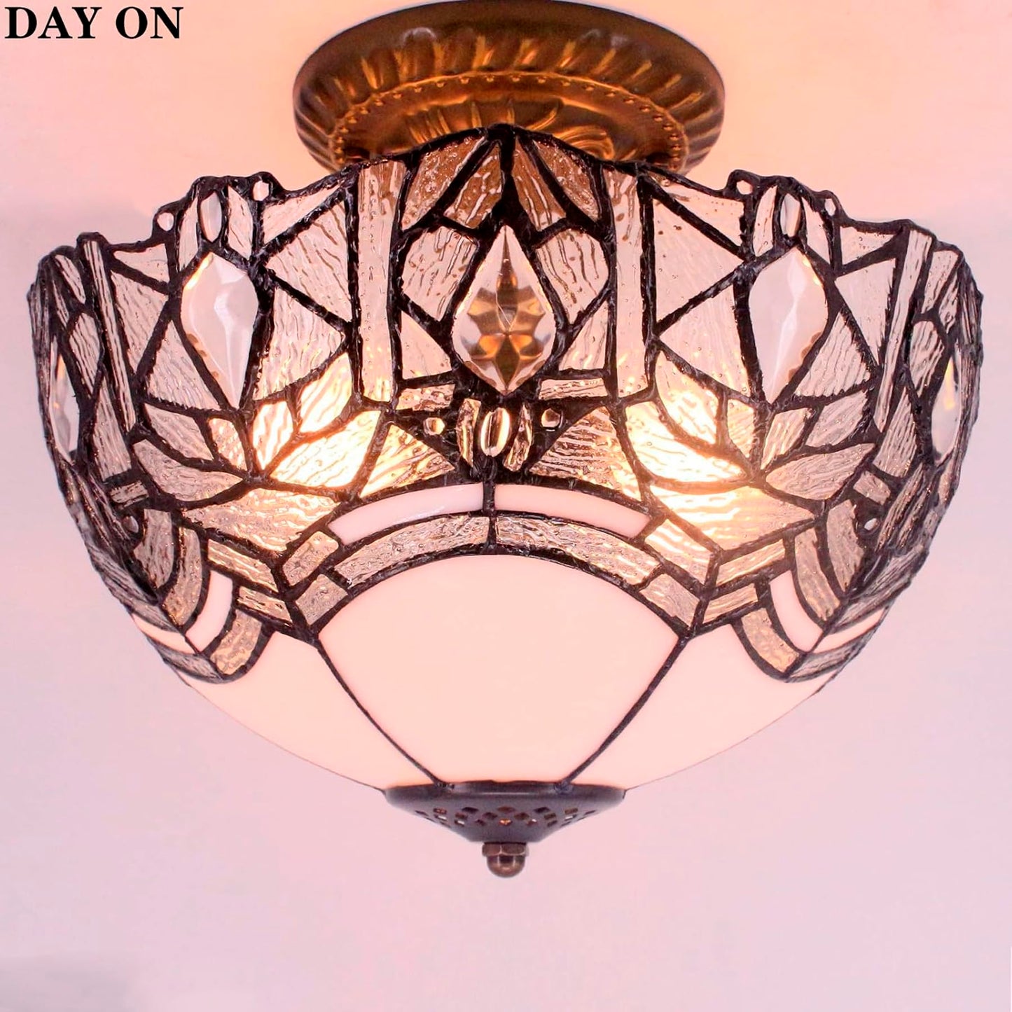 Werfactory Tiffany Ceiling Light Fixture, Crystal Bead, 12X11 Inch, White Stained Glass, Semi Flush Mount, S508W Series