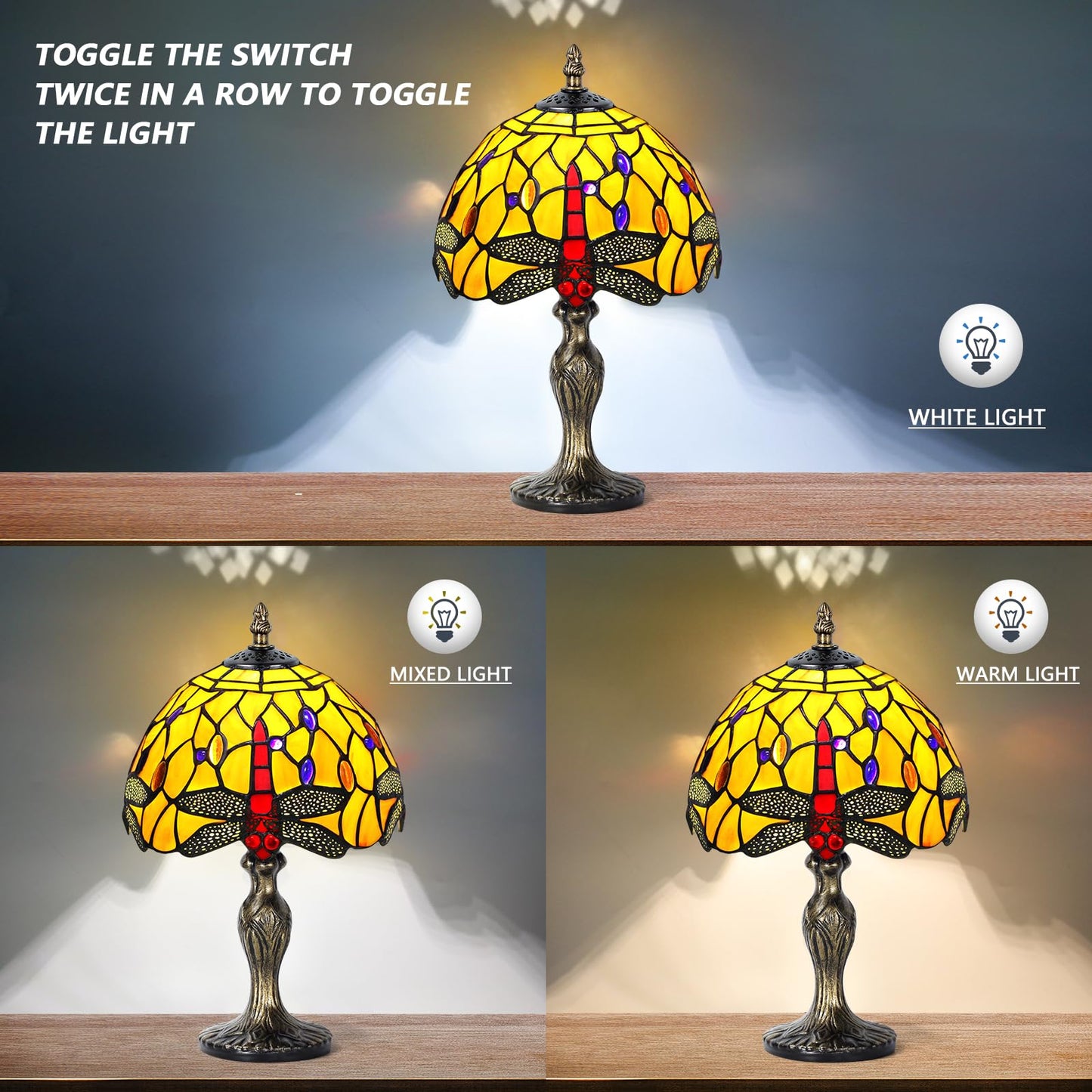 MIAOKE Stained Glass Table Lamp, Antique Dragonfly Design, Handmade Night Light for Living Room, Orange Color