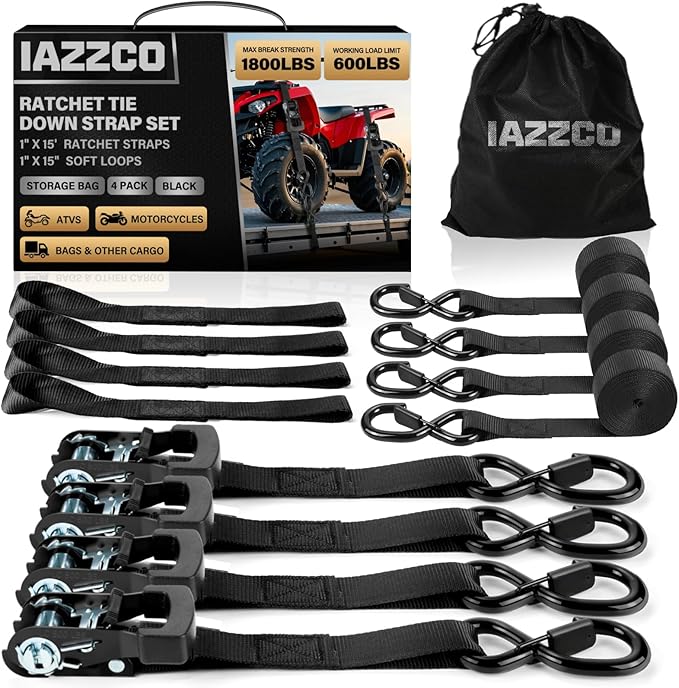 IAZZCO Ratchet Straps - Heavy Duty Tie Downs Straps - 1 Inch x 15 Feet 4 Pack - Safety S Hooks & Soft Loops, 1800LBS Break...