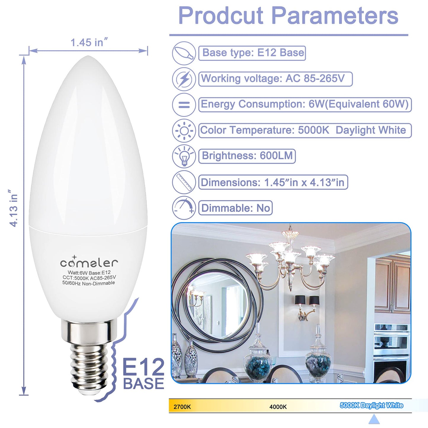 comzler 6W Candelabra LED Bulb, 60W Equivalent, Daylight 5000K, Pack of 6, Non-Dimmable, Small Base E12