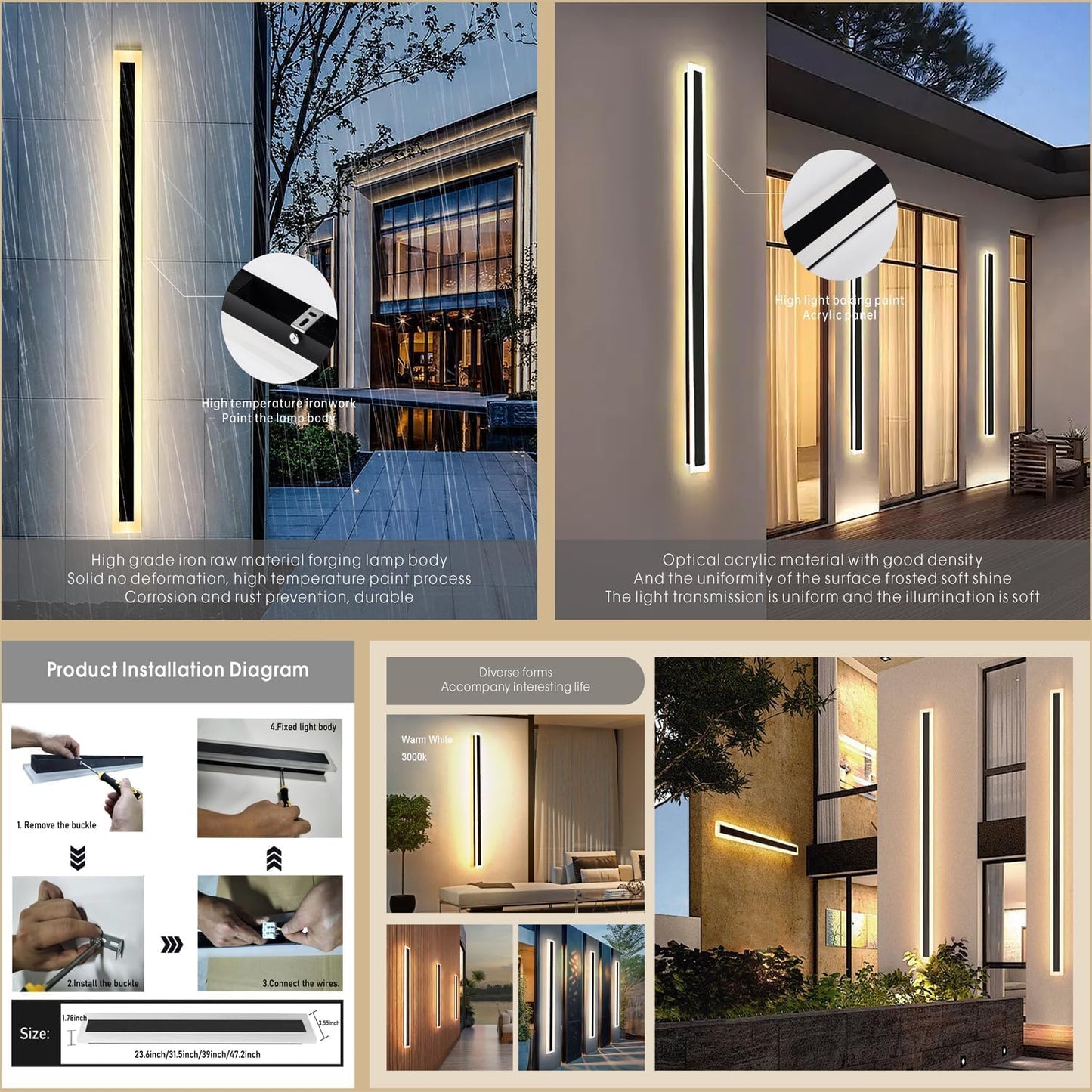 2Pack 47.2Inch Long Outdoor Modern Led Wall Light 38W Waterproof Ip65 Warm White 110V Led Wall Mount Lighting Fixture Rectangular Black Wall Lights Elegant Frosted White Acrylic Anti Rust.