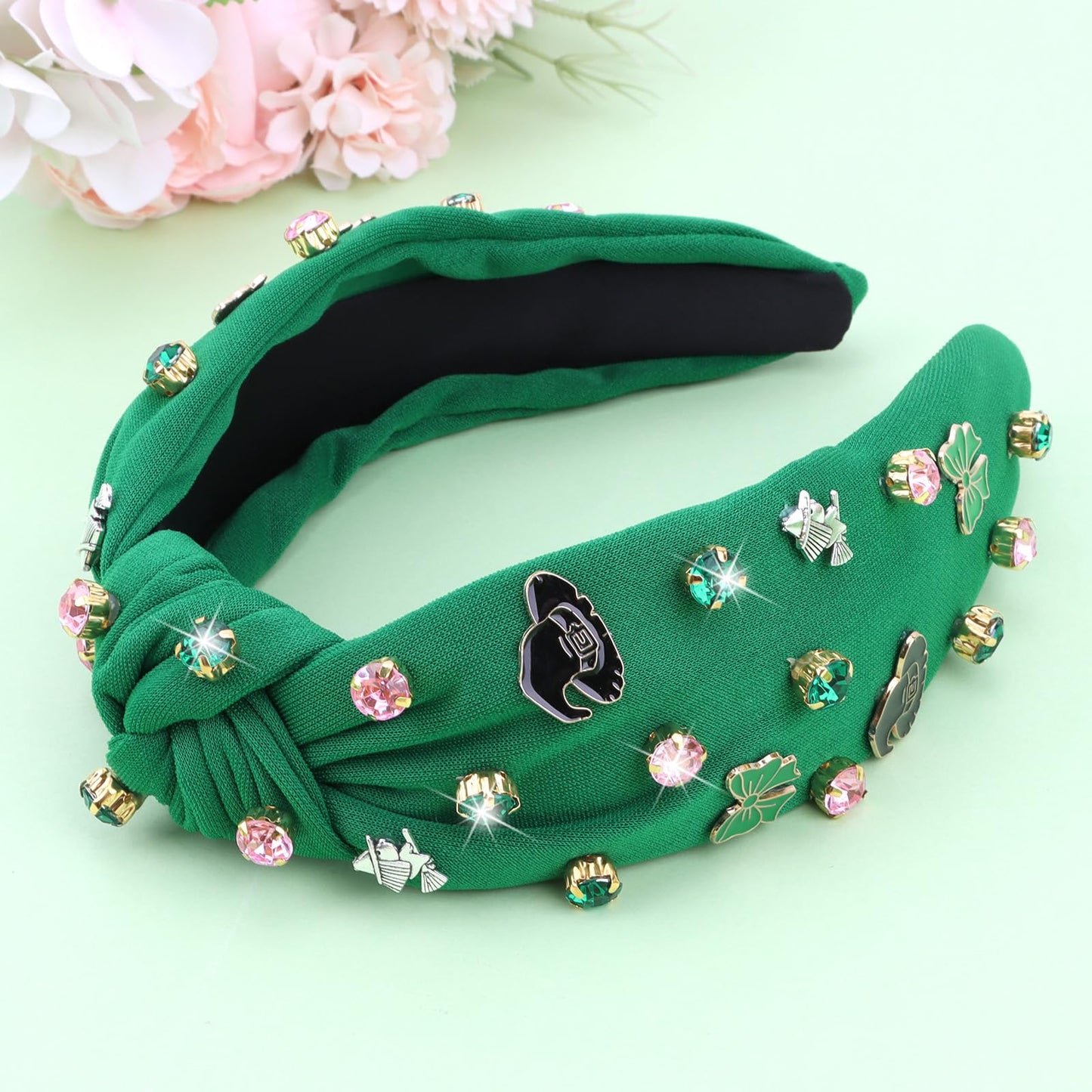 YARIEW Witch Headbands for Women Green Knotted Headband with Hat Bow Witch Theme Birthday Party Decorations Rhinestone Twisted K