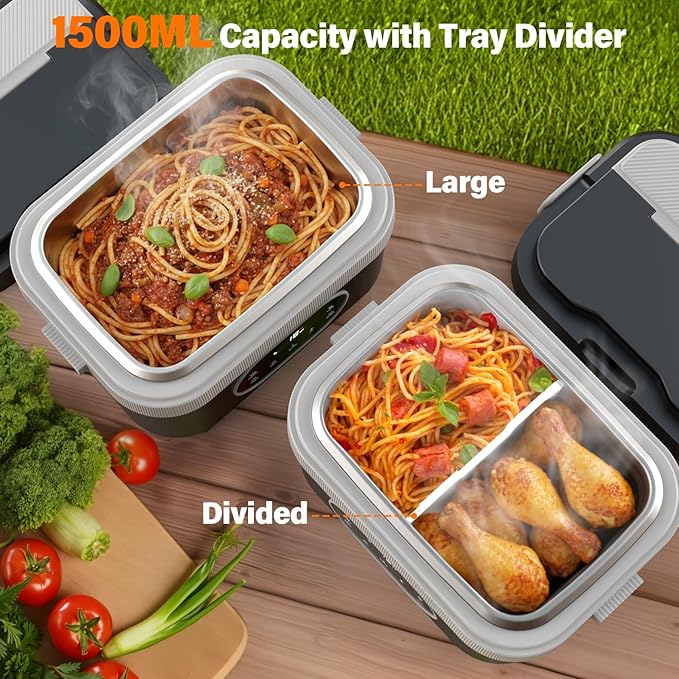 Cordless Electric Lunch Box for Adults: 1.5L Heated Lunch Box for Men Women with Automatic Heating 18000mAh Rechargeable Portable Food Warmer with Bag and Tray Divider for Office Truck Outdoor