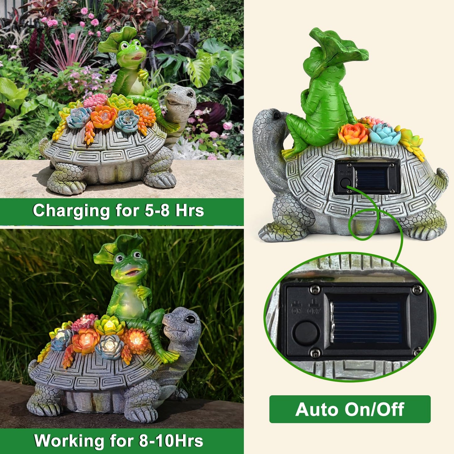 ILLUMINEW Solar Garden Statues Turtle & Frog with 8 LED Lights, Decorative Lawn Figurines for Patio, Gifts for Mom & Grandma