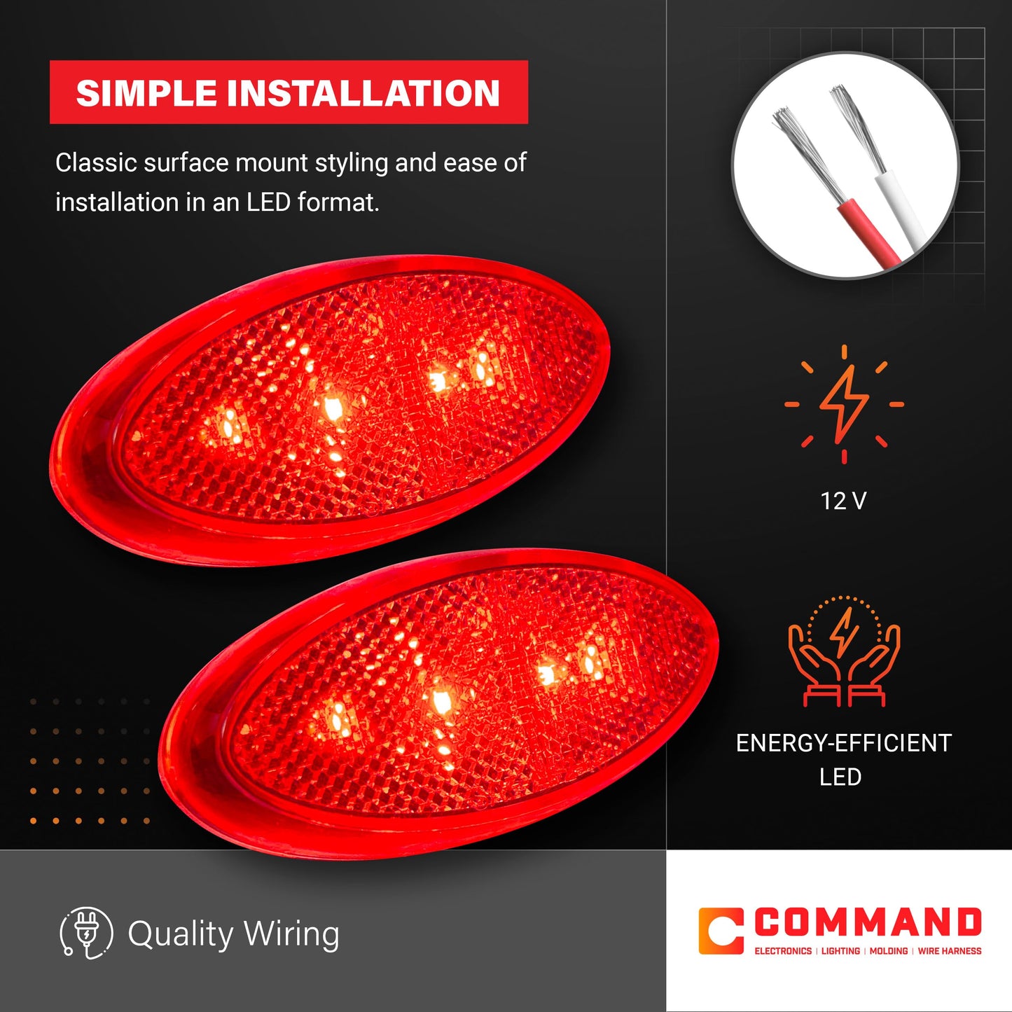 Command Electronics Oem 12V Led Rv & Trailer Oval Clearance Light With Built-In Reflex - Made In Usa - Surface Mount - Red - 2-Pack