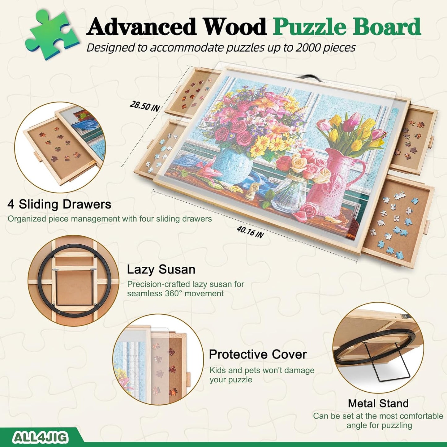 ALL4JIG 2000 Pieces 2-in-1 Tilting & Rotating Puzzle Board, 40.16" x 28.5"Adjustable Angle Puzzle Board with 4 Drawers & Clear Protective Cover, Birthday Gift for mom
