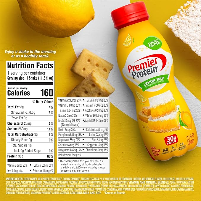 Premier Protein Shake, Limited Edition, Lemon Bar, 30g Protein, 1g Sugar, 24 Vitamins & Minerals, 11.5 oz, 12 Pack