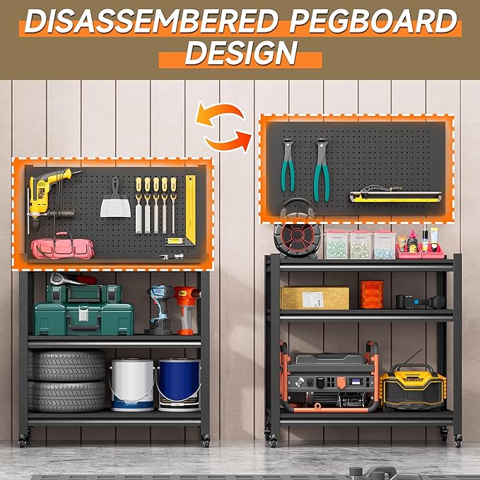 Workbench with Pegboard, Adjustable Heavy Duty Work Table with Wheels, Heavy Duty Workstation, Metal Tool Work Bench for Garage Warehouse Workshop, 48" H x 18" D x 34" W, Black