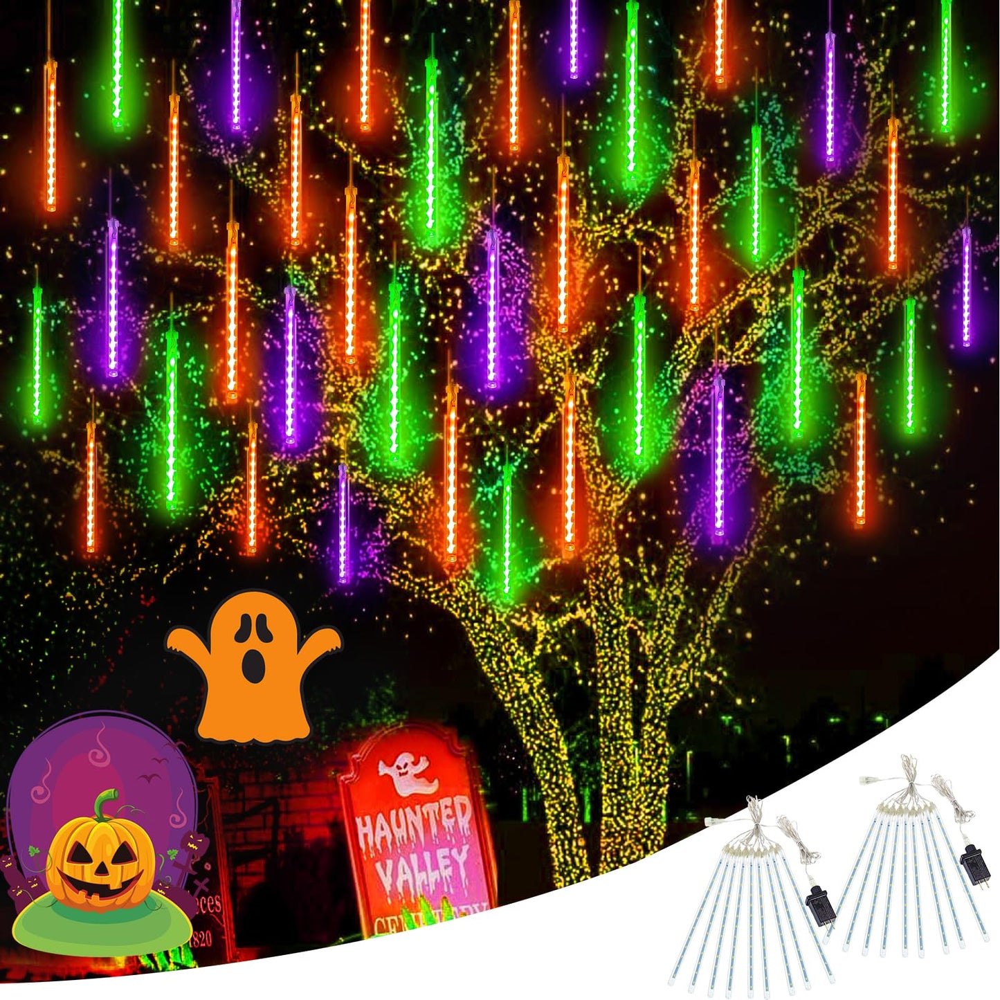 YIQU Meteor Shower Lights, 432 LED, 2 Pack, Orange Purple Green, Plug-in for Outdoor Halloween Decorations, Model MLS-D5V3.6WUT-O