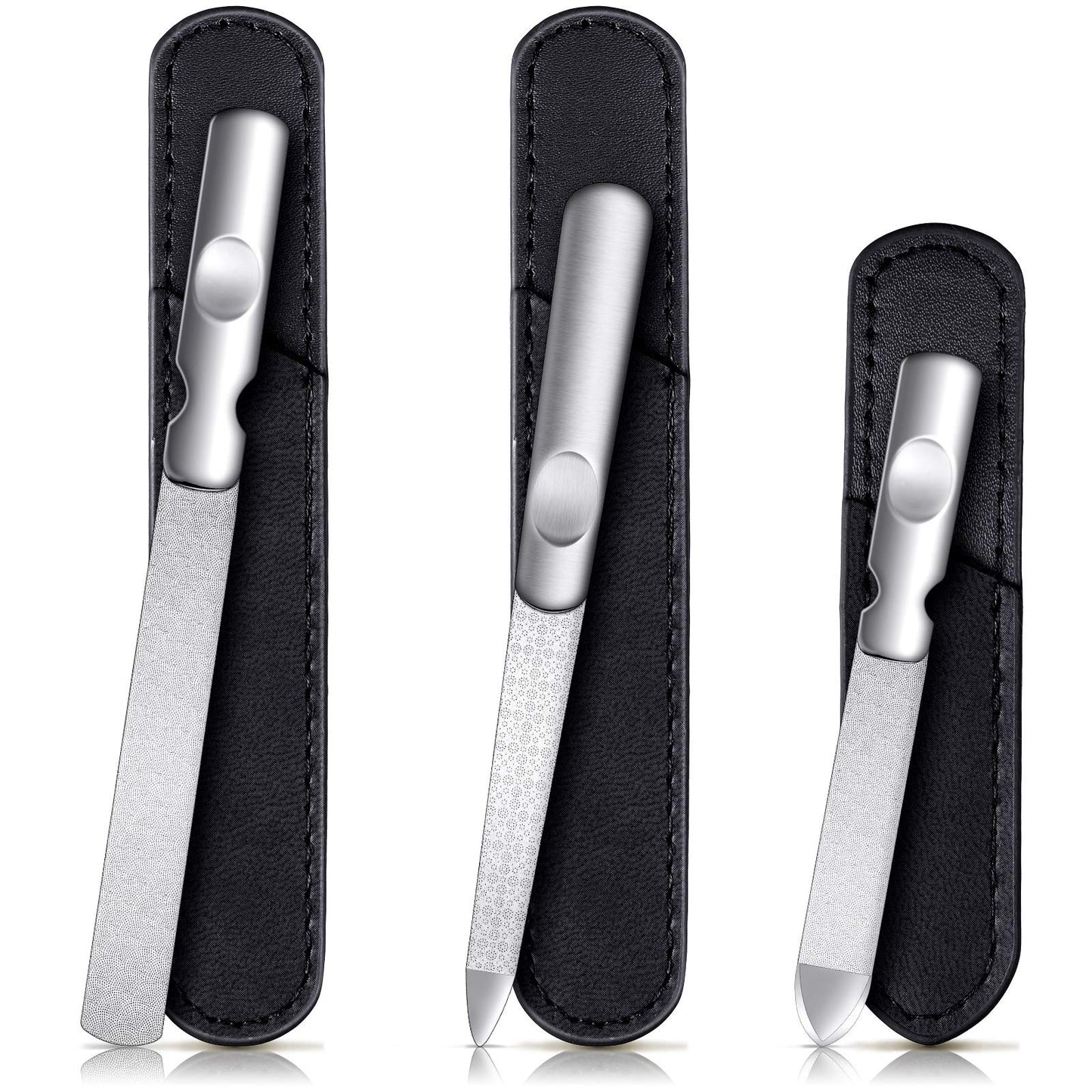 3 Pcs Stainless Steel Nail Files Kit with Leather Case, Double Sided Metal Nail Files with Anti-Slip Handle for Women and Men, M
