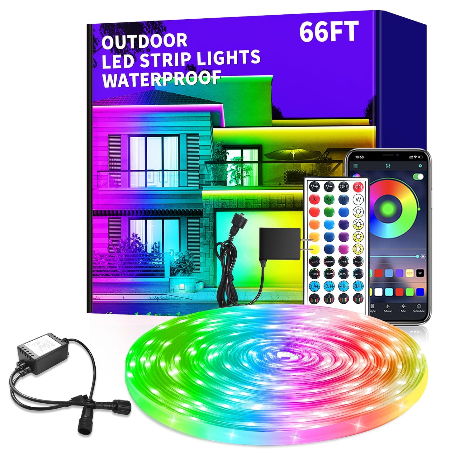 vimeepro LED Strip Lights 66ft Waterproof RGB Color Changing with App/Remote Control, Model vimeepro-ledFS66FT07