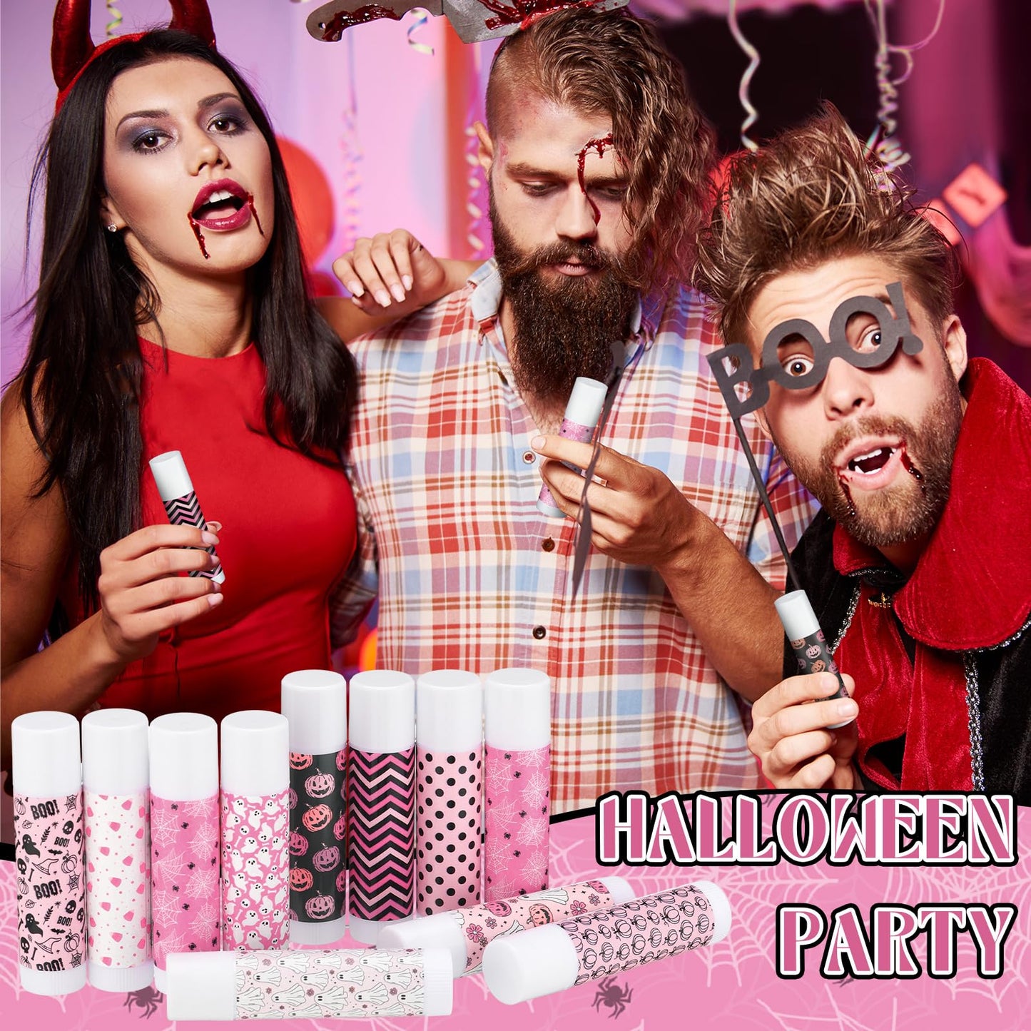 Siifert 50 Pcs Pink Halloween Lip Balm Gifts Bulk Cute Boo Ghost Lip Balm Favors Honey Flavor Spooky Party Supplies Goodies Pink