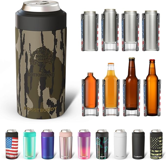 Frost Buddy Universal Can Cooler - Fits all - Stainless Steel Can Cooler for 12 oz & 16 oz Regular or Slim Cans & Bottles - Stainless Steel (Mossy Oak Bottomland)